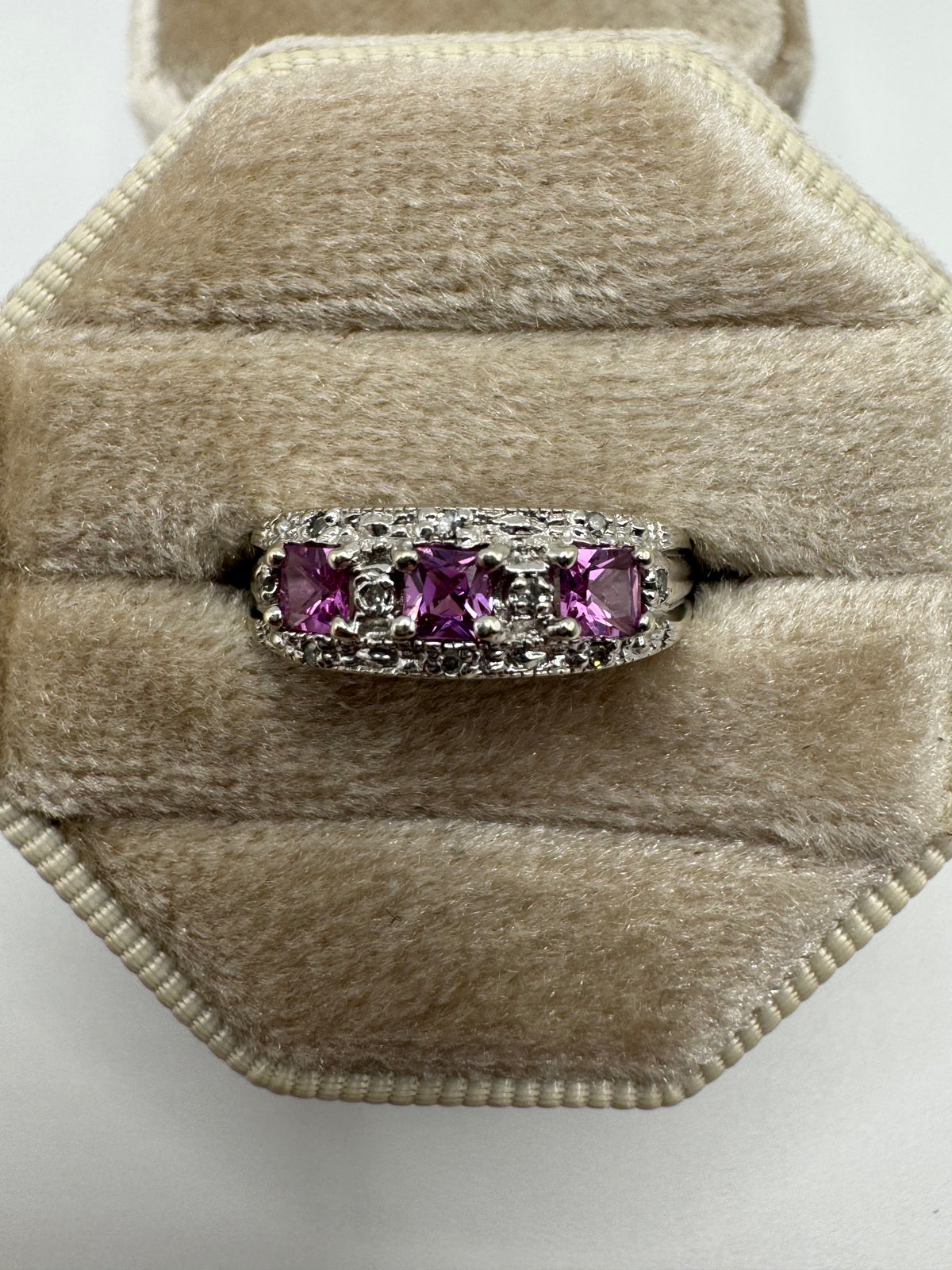 9ct white gold pink topaz and diamond ring