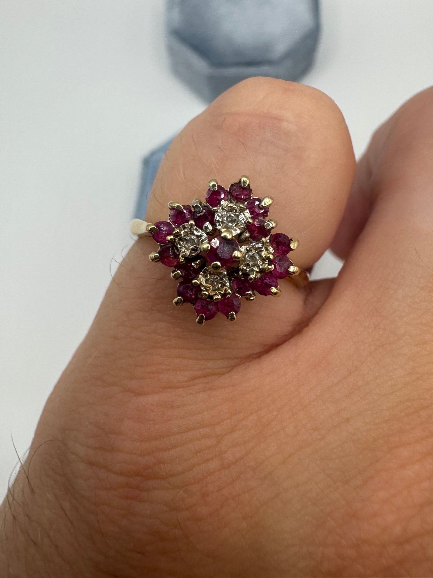 9ct gold ruby and diamond cluster ring