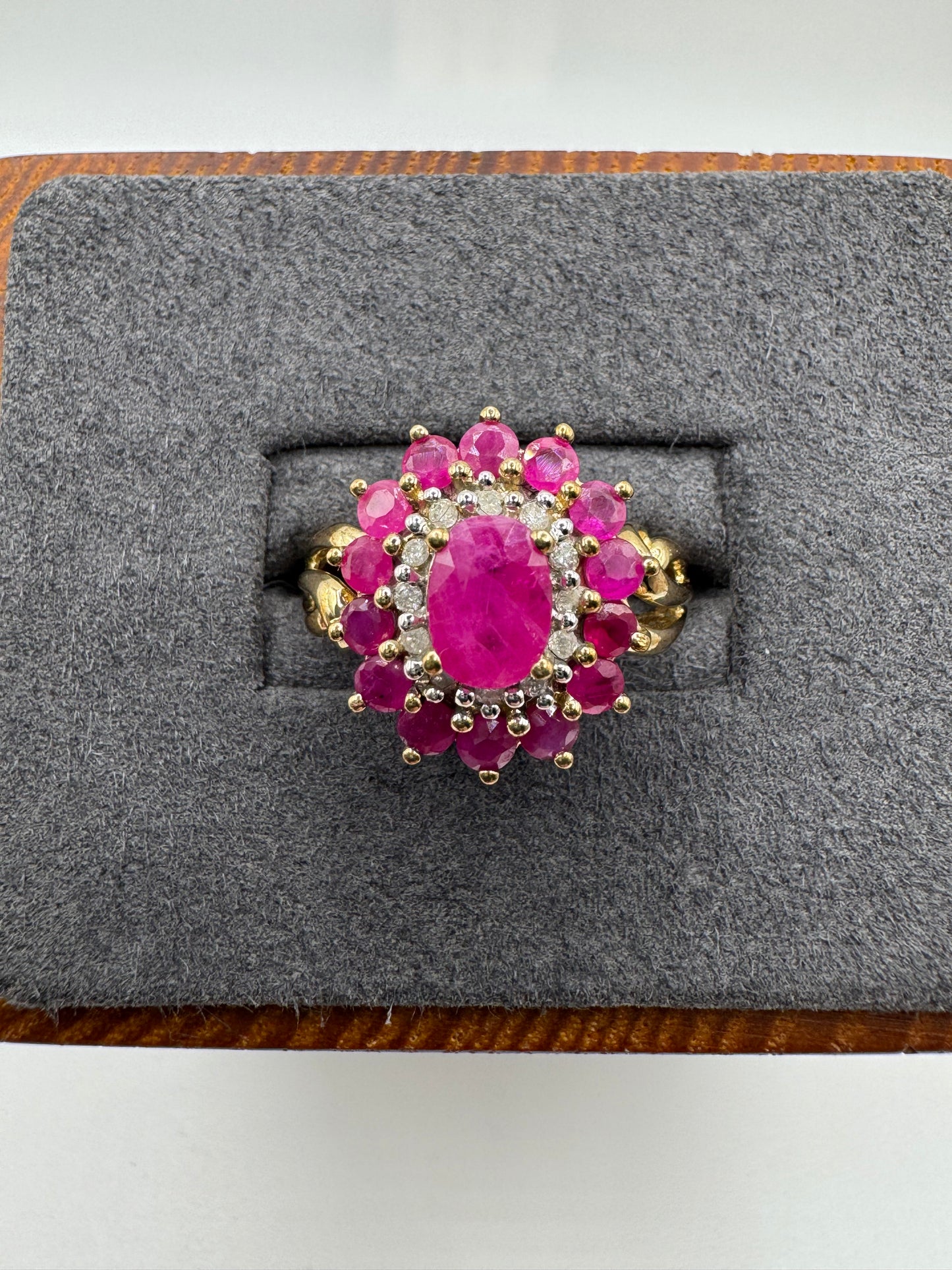 9ct gold ruby and diamond cluster ring