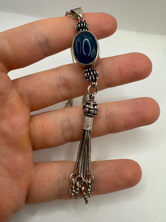 Vintage blue agate necklace with tassel