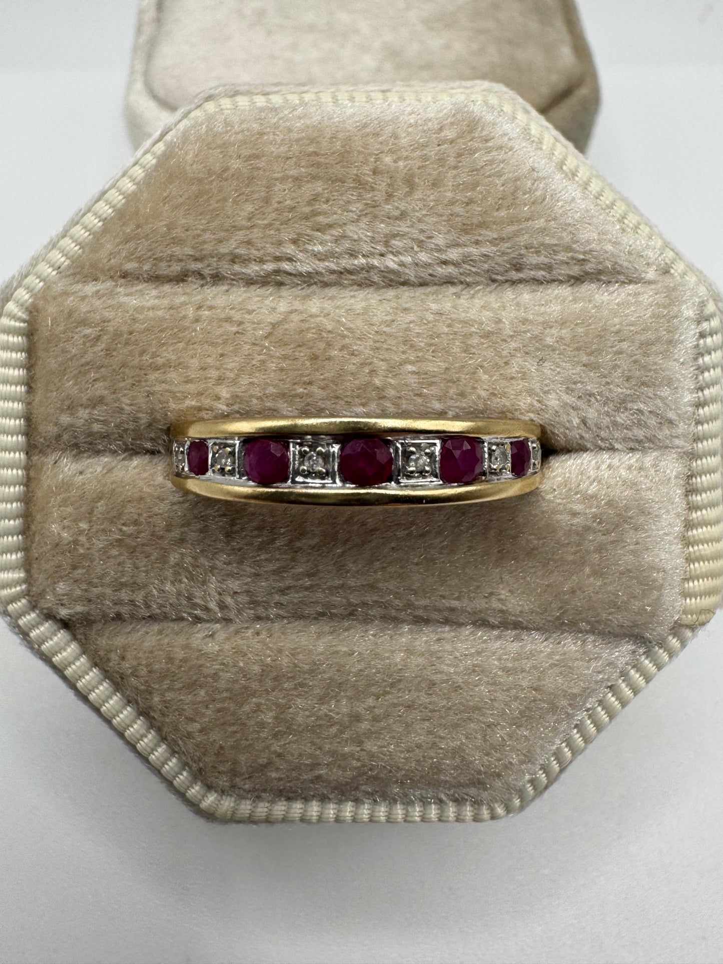 9ct gold ruby and diamond half eternity ring