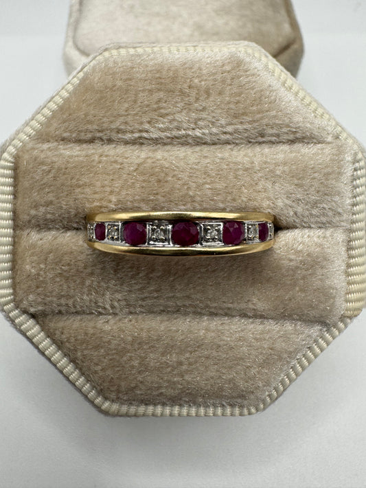 9ct gold ruby and diamond half eternity ring