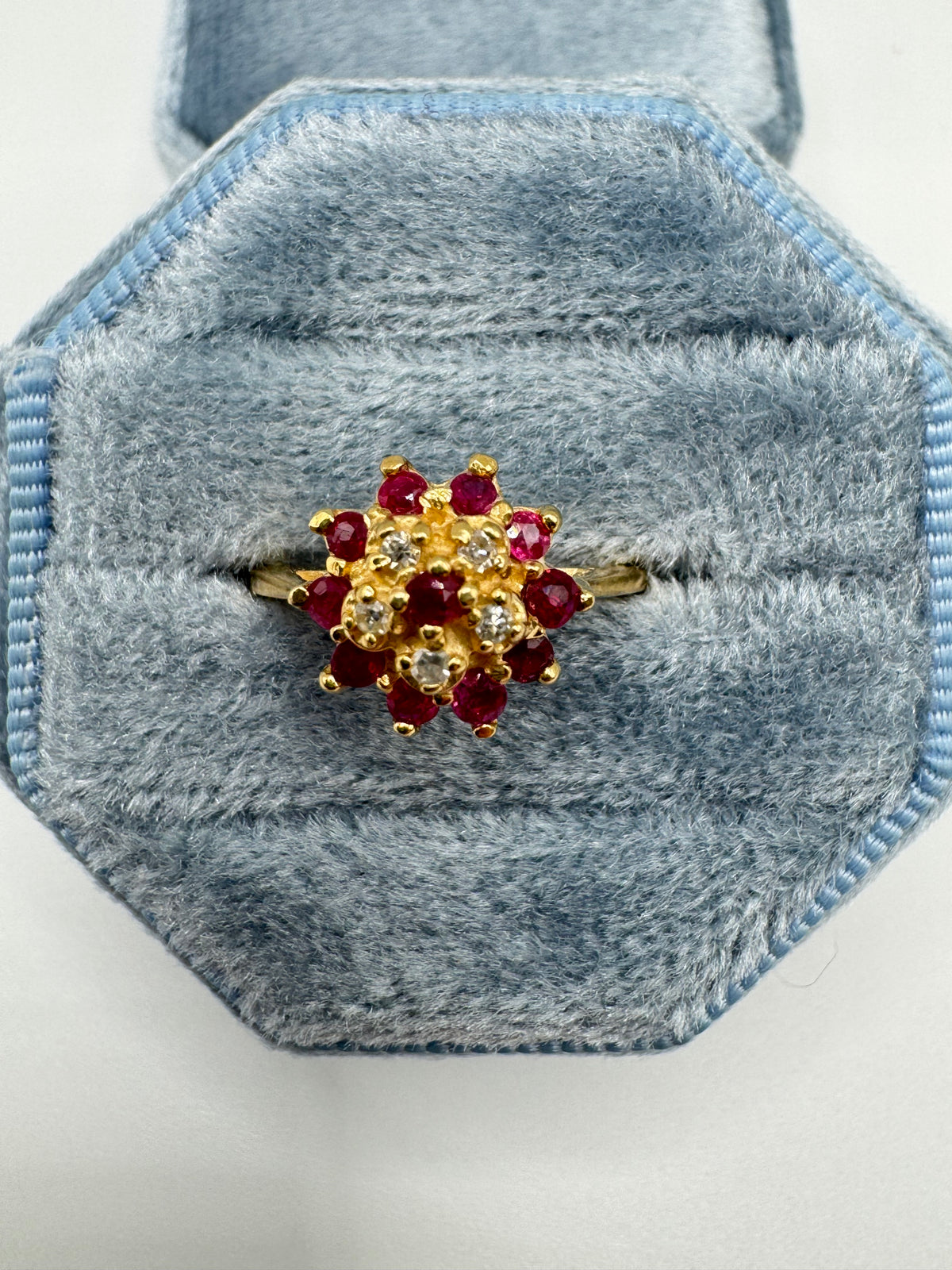 14ct gold ruby and diamond cluster ring