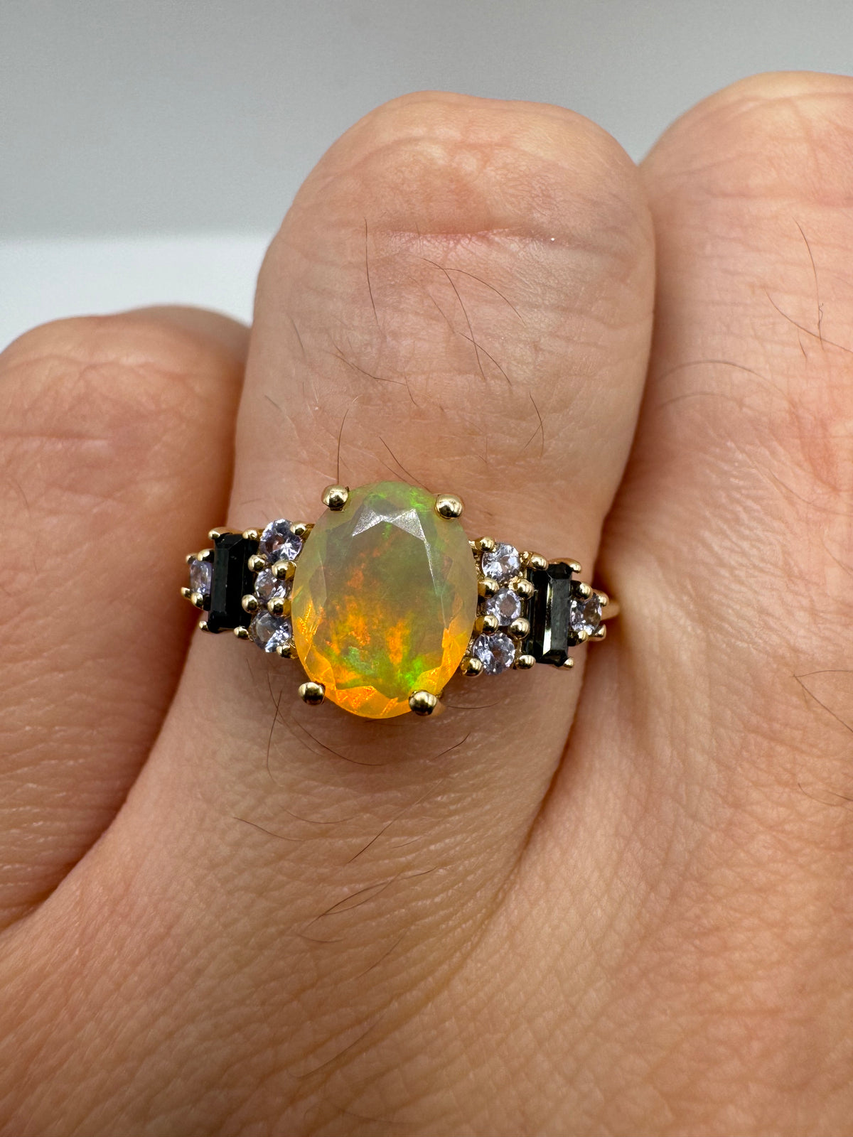 9ct gold opal, topaz and tanzanite ring