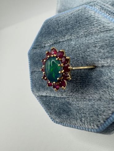 9ct gold black opal triplet and ruby cluster ring