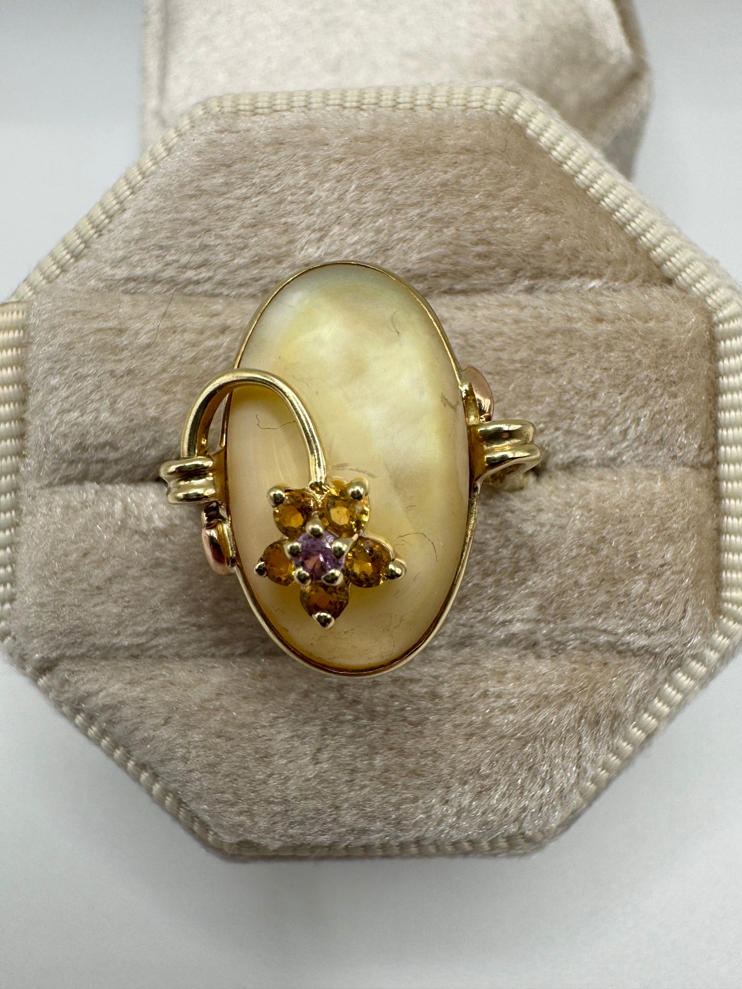 9ct gold mother of pearl, citrine and pink sapphire ring
