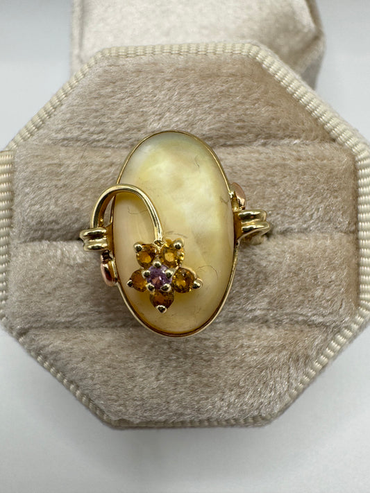 9ct gold mother of pearl, citrine and pink sapphire ring