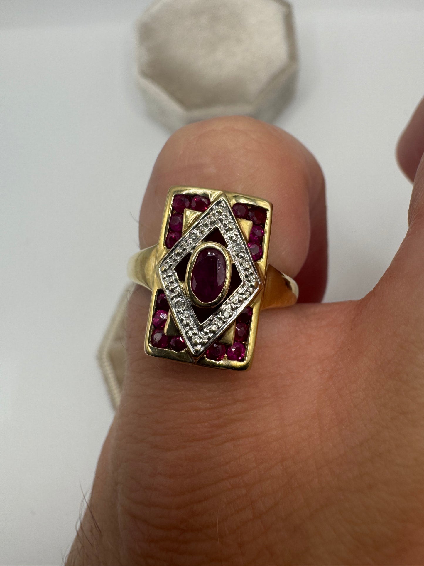 9ct gold art-deco style ruby and diamond ring