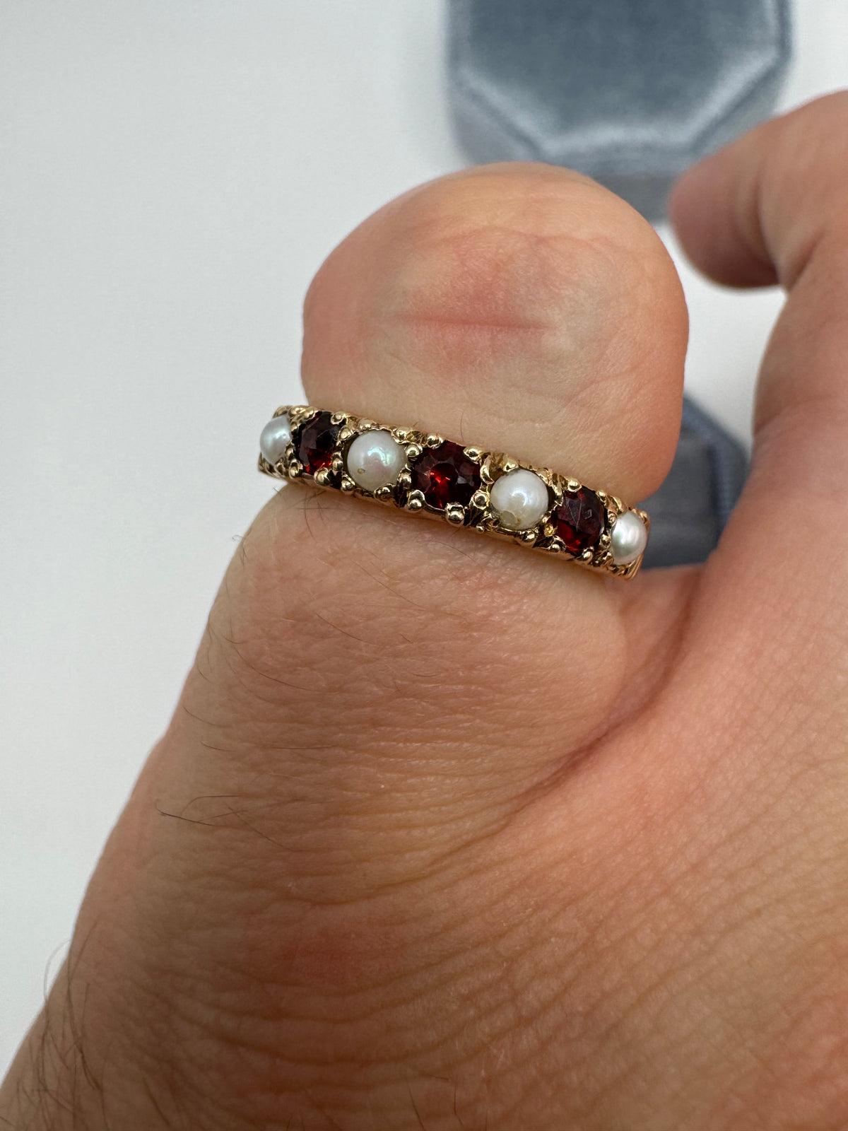 9ct gold garnet and pearl half eternity ring