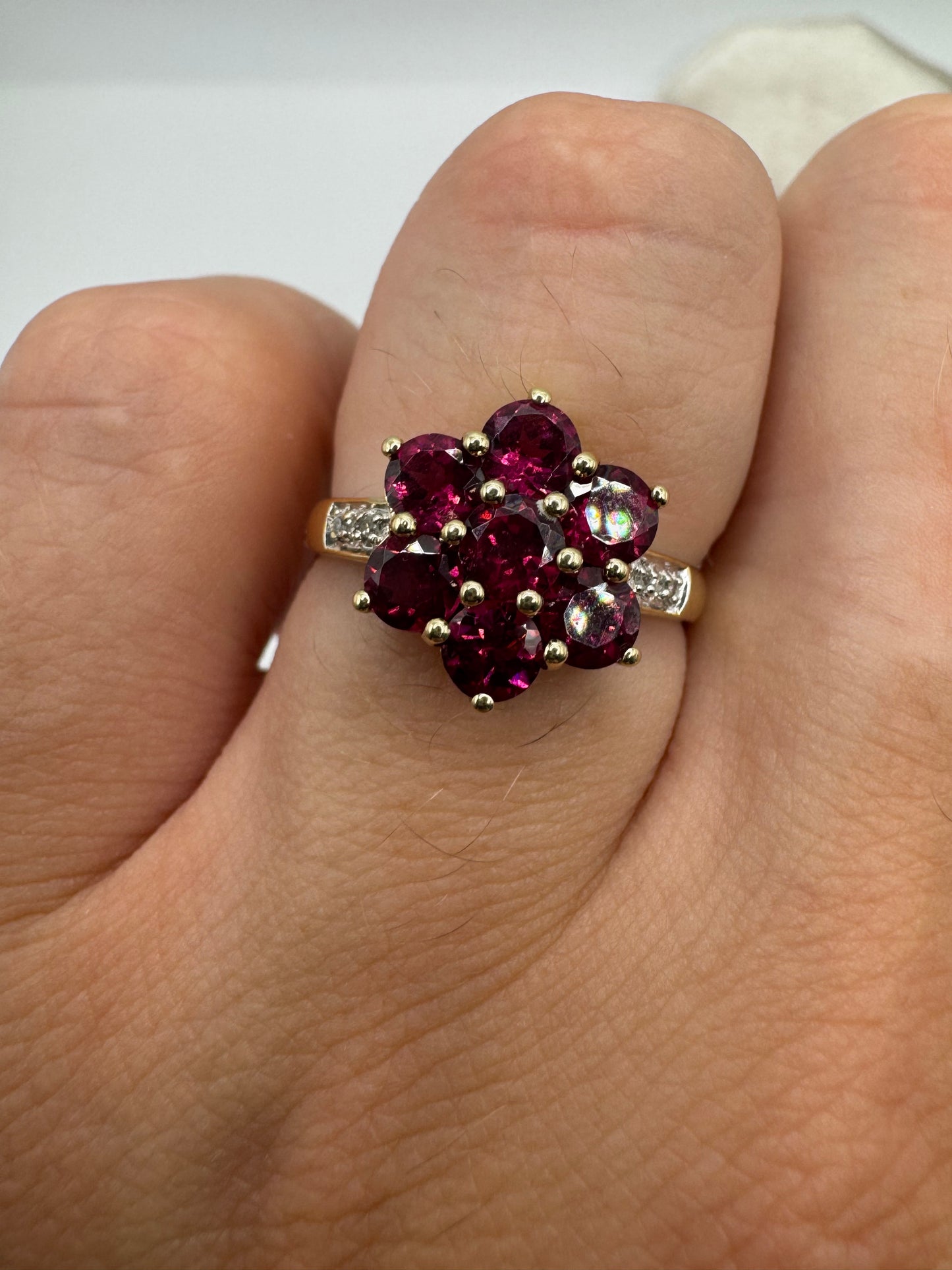 9ct gold almandine garnet and diamond cluster ring