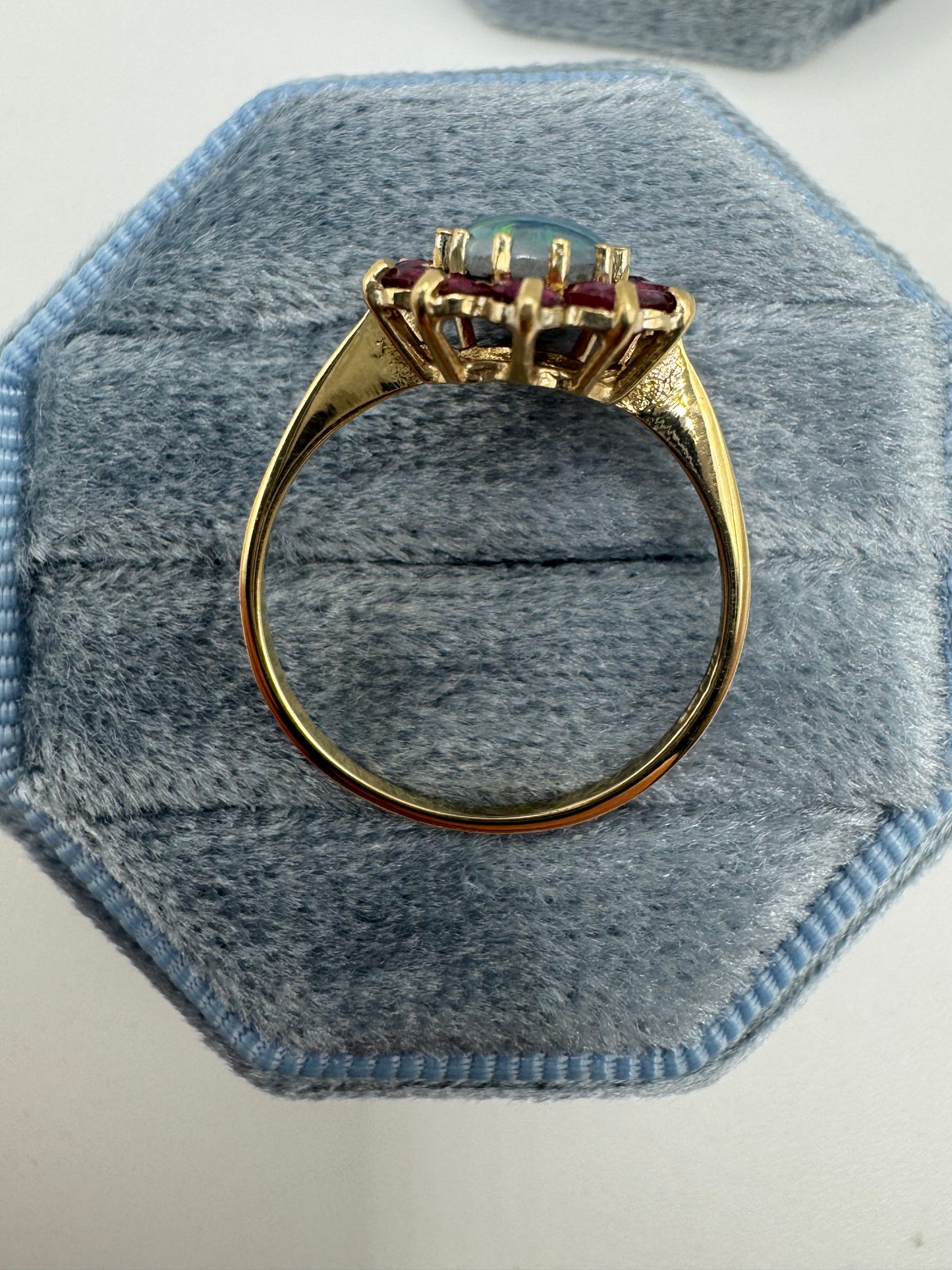 9ct gold black opal triplet and ruby cluster ring