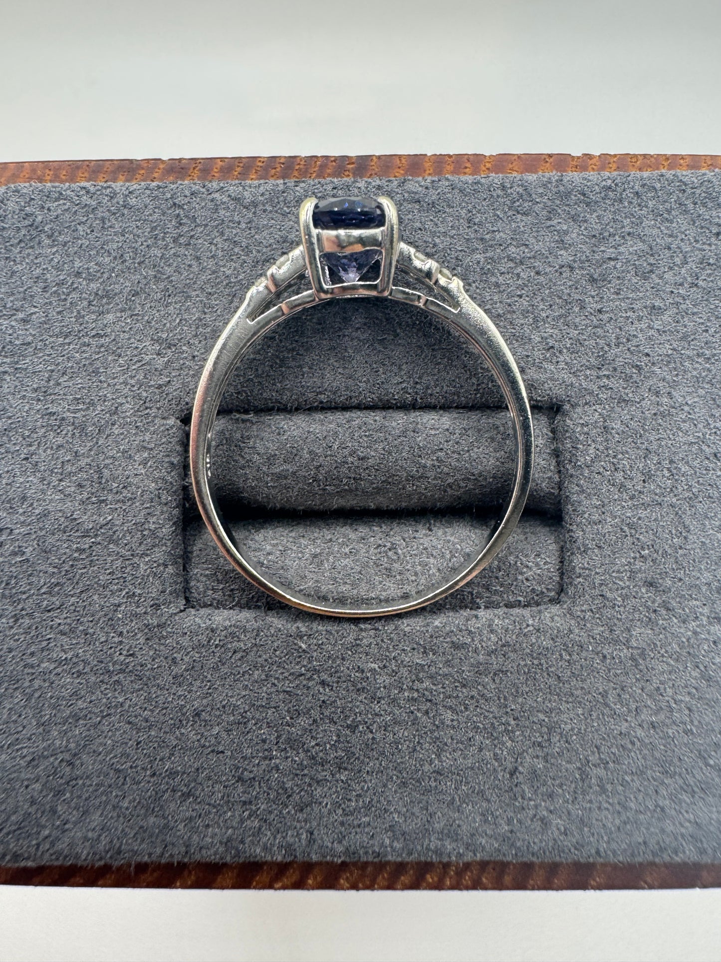 9ct white gold iolite and diamond ring