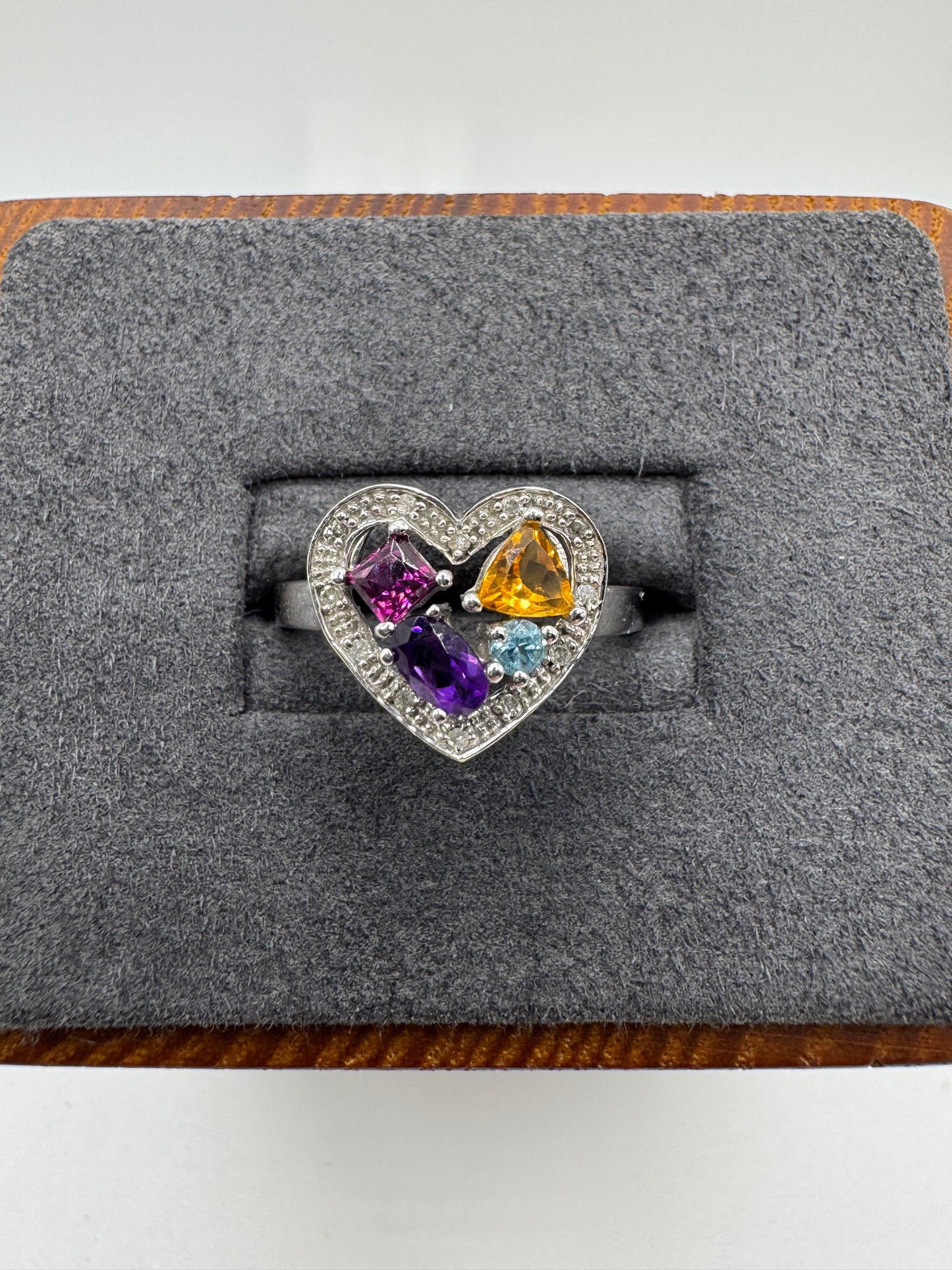9ct white gold multi-gem and diamond heart ring