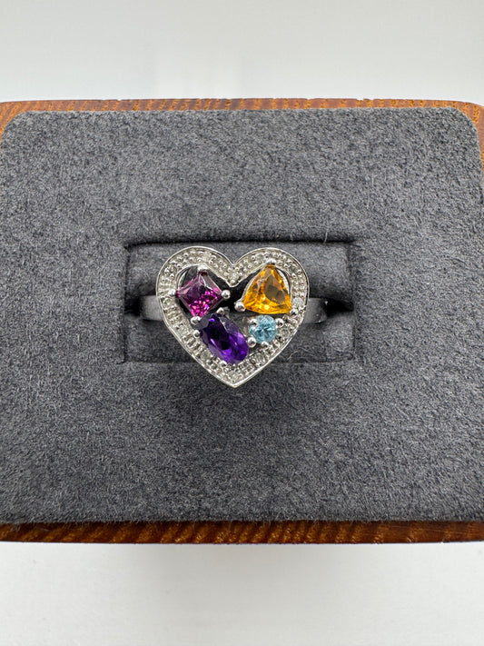 9ct white gold multi-gem and diamond heart ring