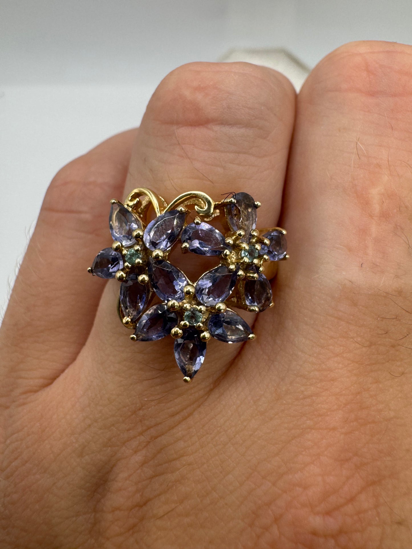9ct gold topaz and tanzanite flower cluster ring