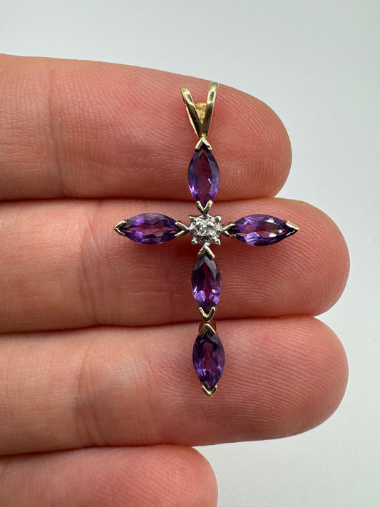 9ct gold amethyst and diamond cross pendant