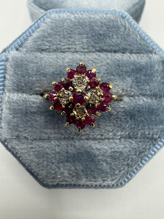 9ct gold ruby and diamond cluster ring