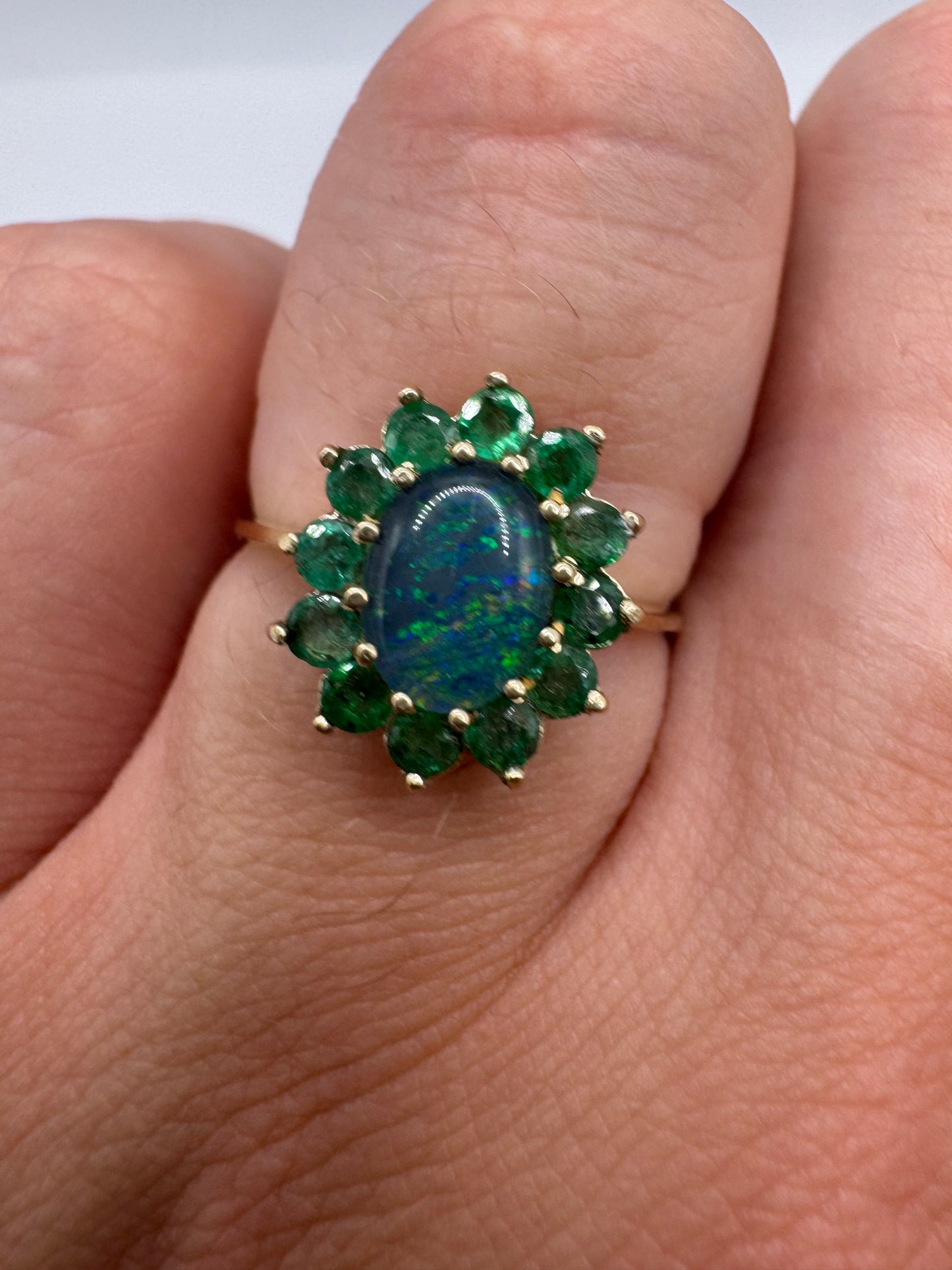 9ct gold black opal triplet and emerald cluster ring