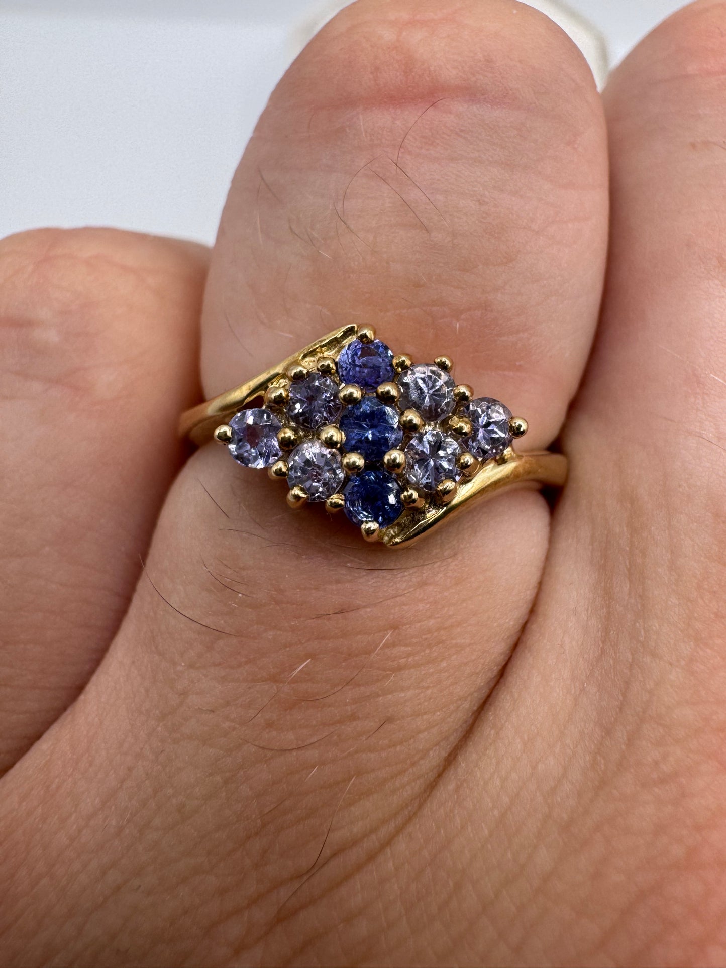 9ct gold iolite and tanzanite cluster ring
