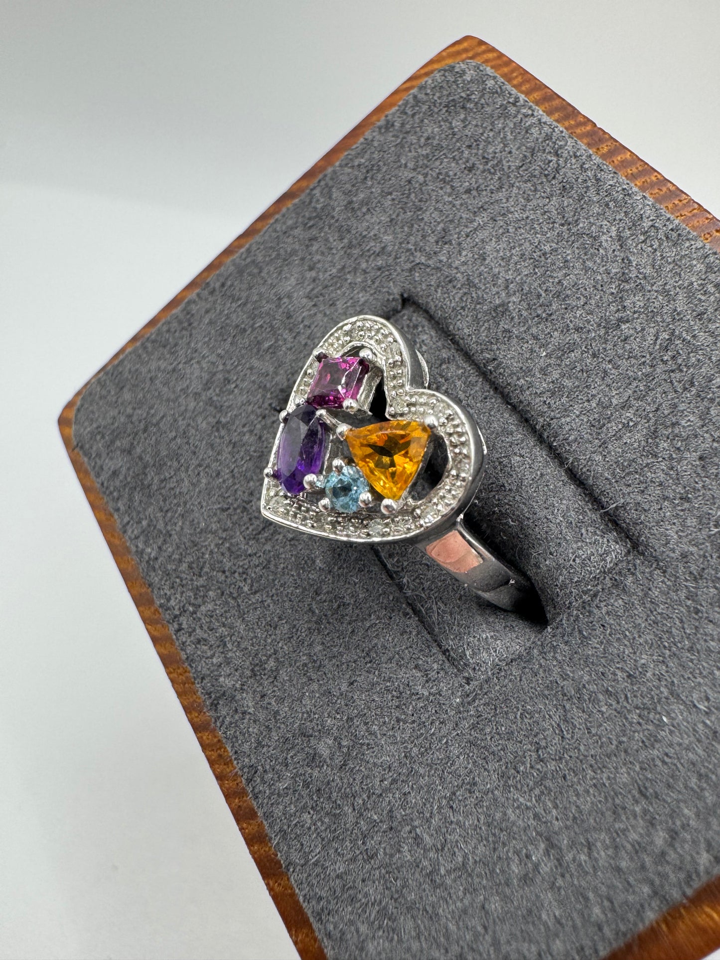 9ct white gold multi-gem and diamond heart ring
