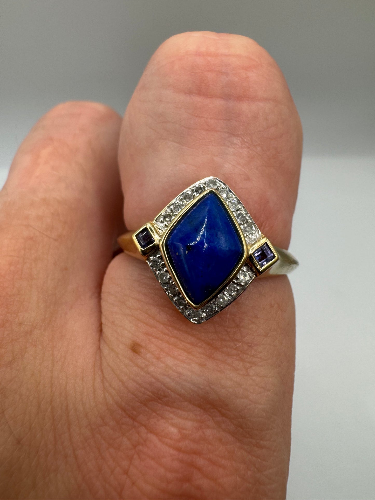 9ct gold lapis lazuli, amethyst and diamond ring