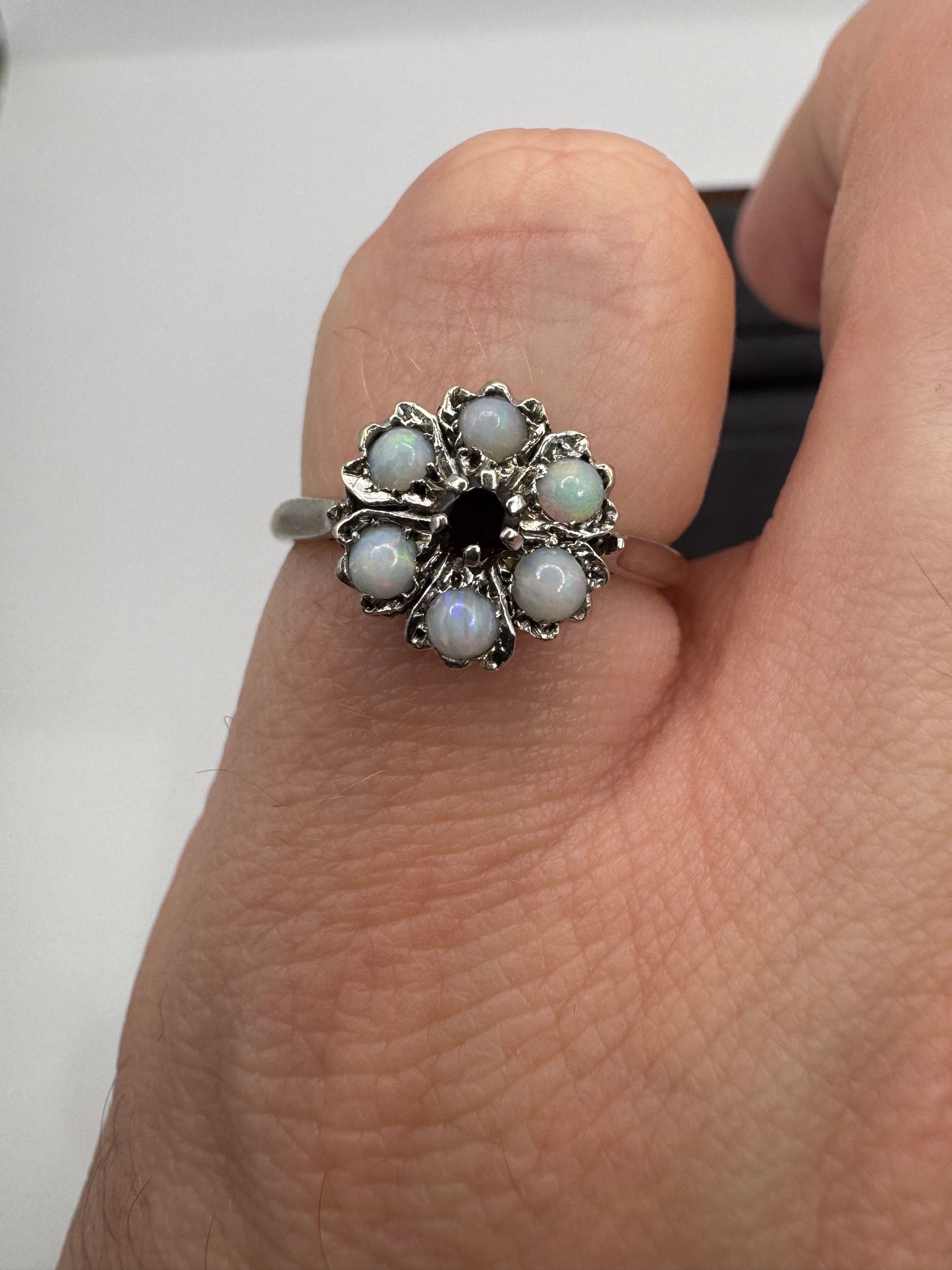 Antique 9ct two-tone gold garnet and opal cluster ring