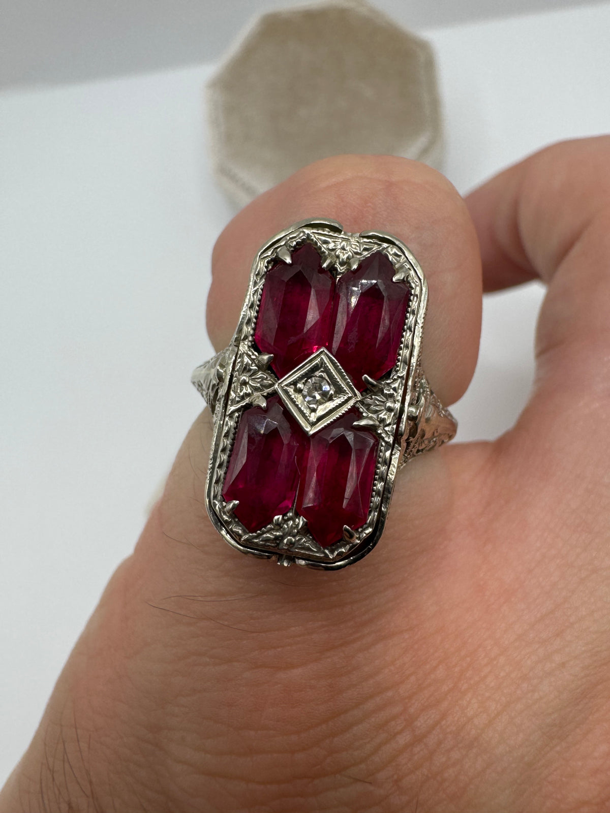 Heavy 9ct white gold art deco cameo, ruby and diamond spinner ring