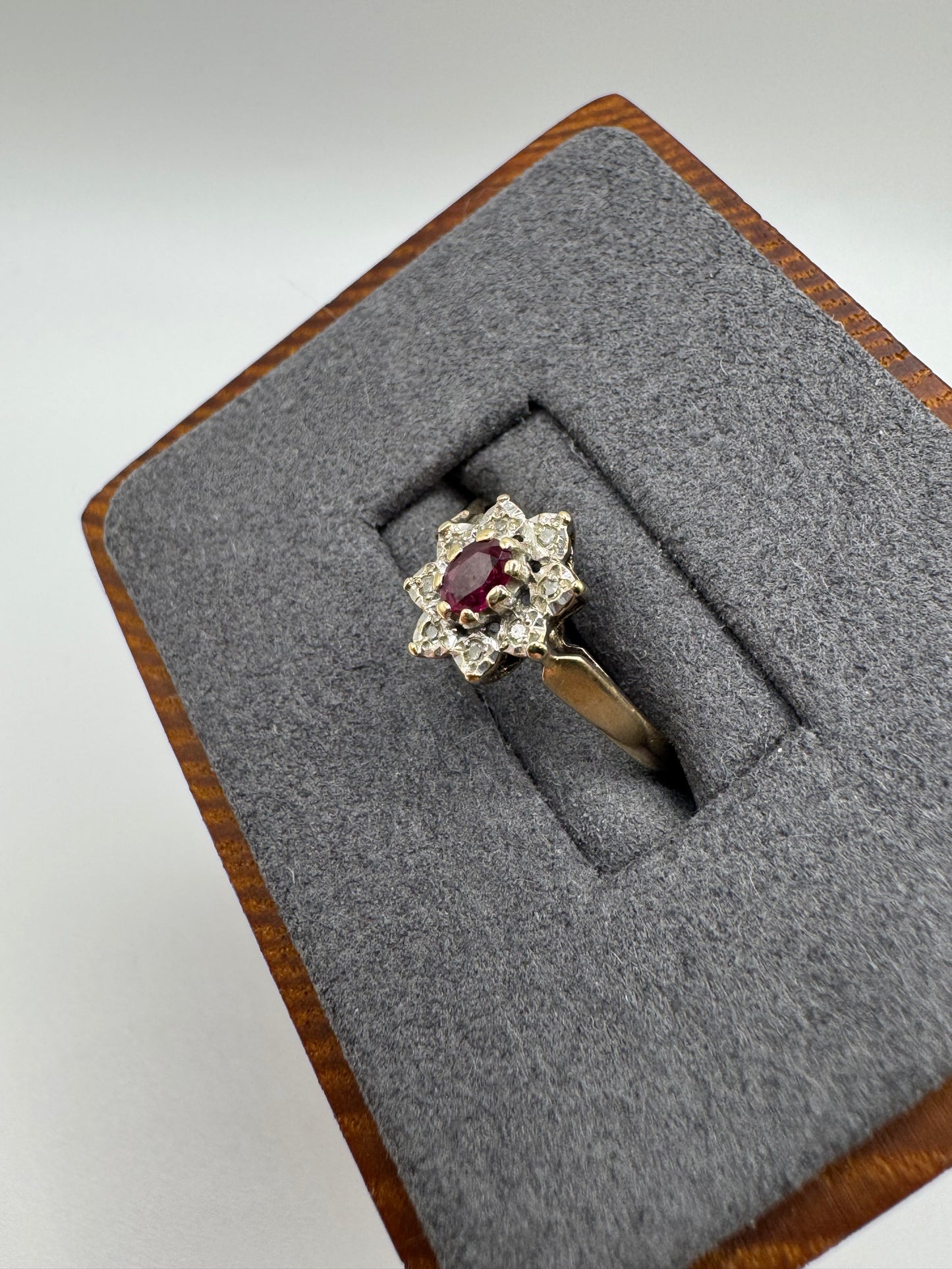 9ct gold ruby and diamond cluster ring