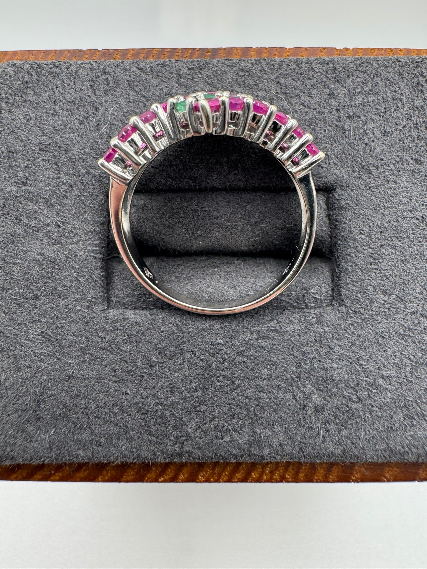 9ct white gold ruby and emerald ring