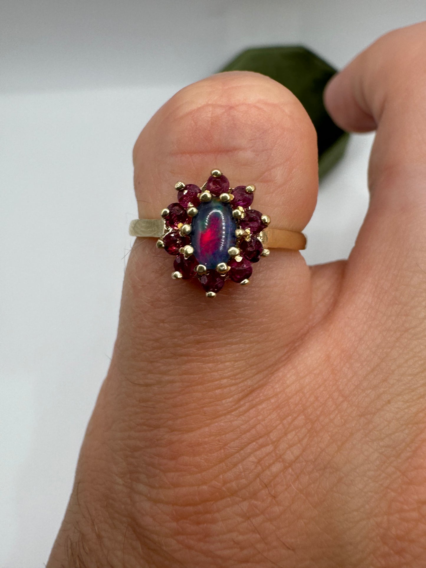 9ct gold black opal triplet and ruby ring