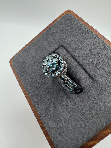 9ct white gold blue diamond cluster ring