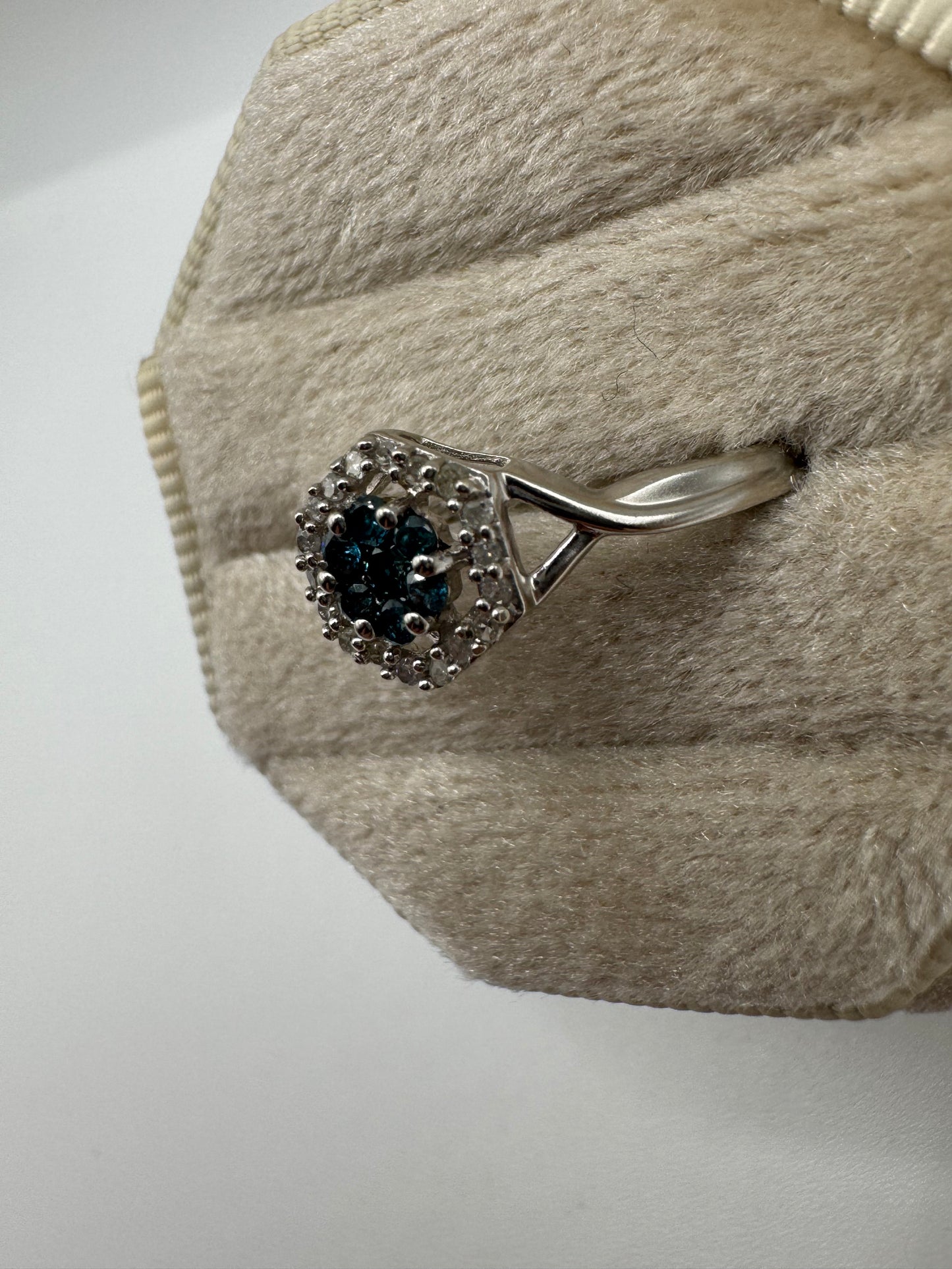 9ct white gold blue and white diamond cluster ring