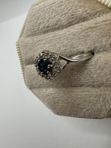 9ct white gold blue and white diamond cluster ring