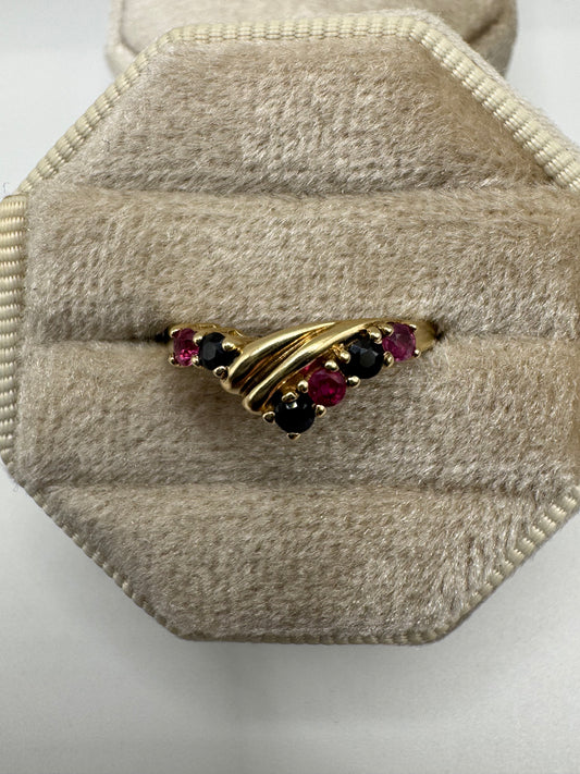 9ct gold ruby and sapphire wishbone ring