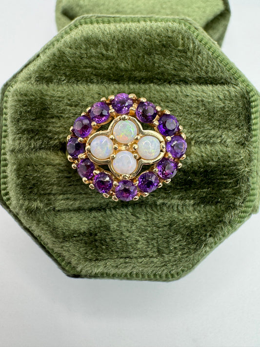 9ct gold opal and amethyst cluster ring