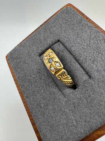 9ct gold sapphire and pearl gypsy ring