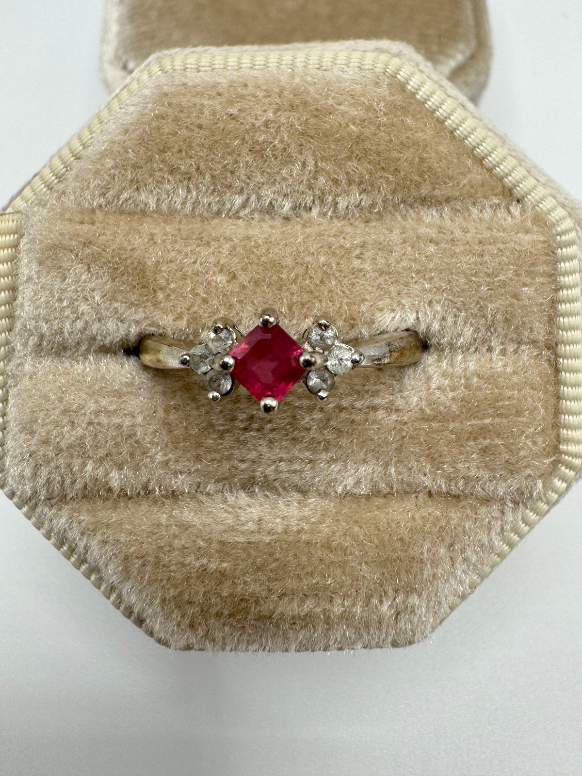 9ct white gold ruby and topaz ring