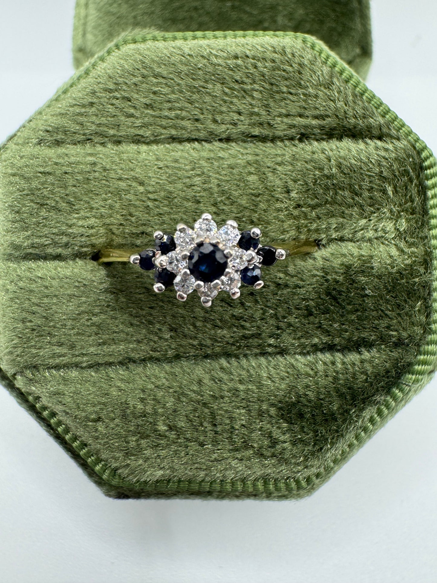 9ct gold sapphire and cz cluster ring