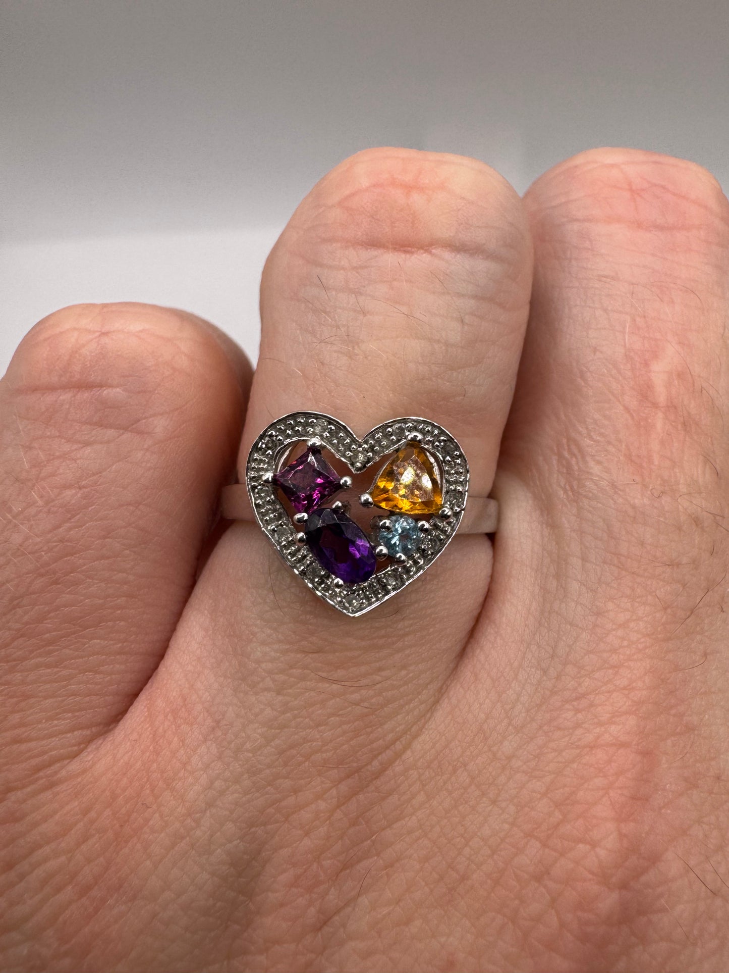 9ct white gold multi-gem and diamond heart ring