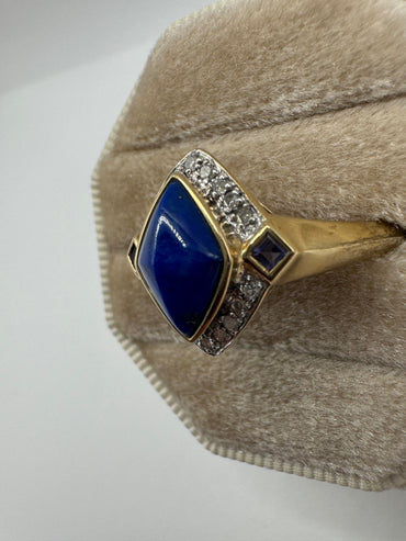 9ct gold lapis lazuli, amethyst and diamond ring