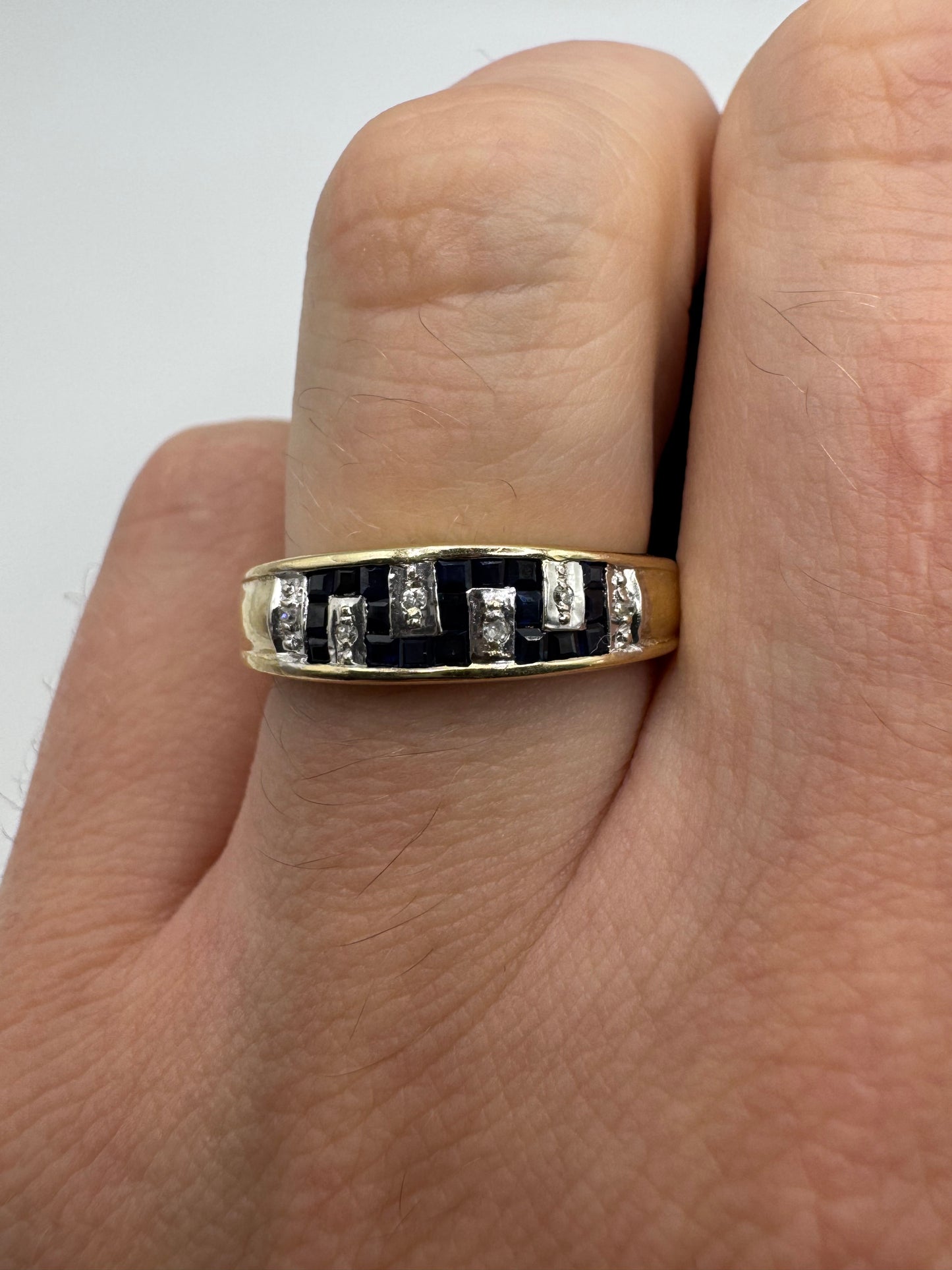 9ct gold sapphire and diamond Greek key ring