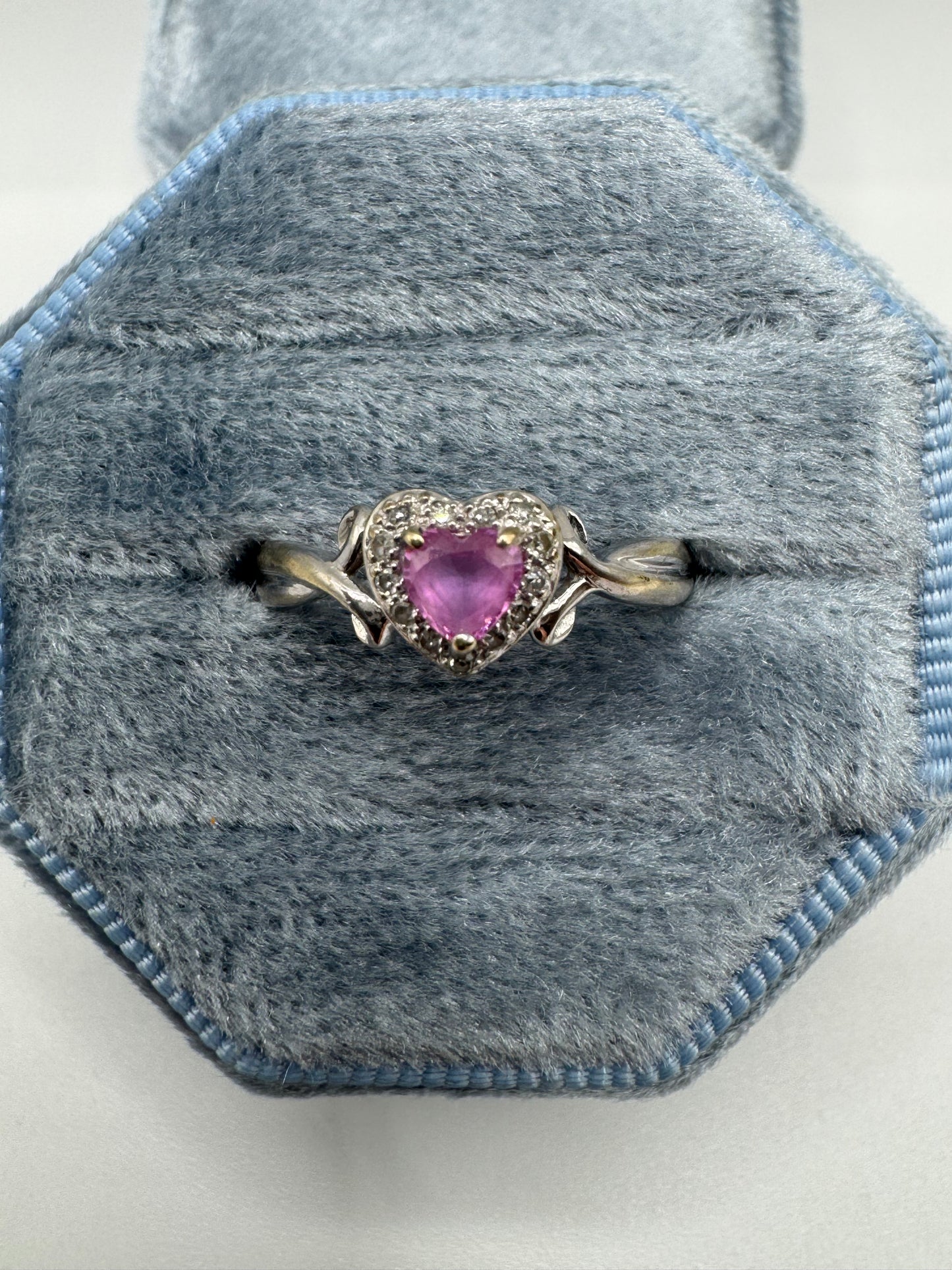 9ct white gold pink sapphire and diamond heart ring
