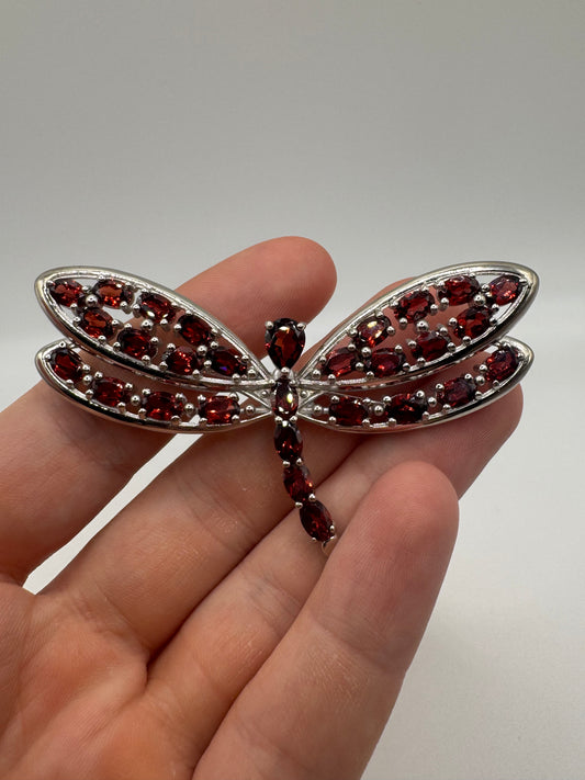 Silver garnet dragonfly brooch