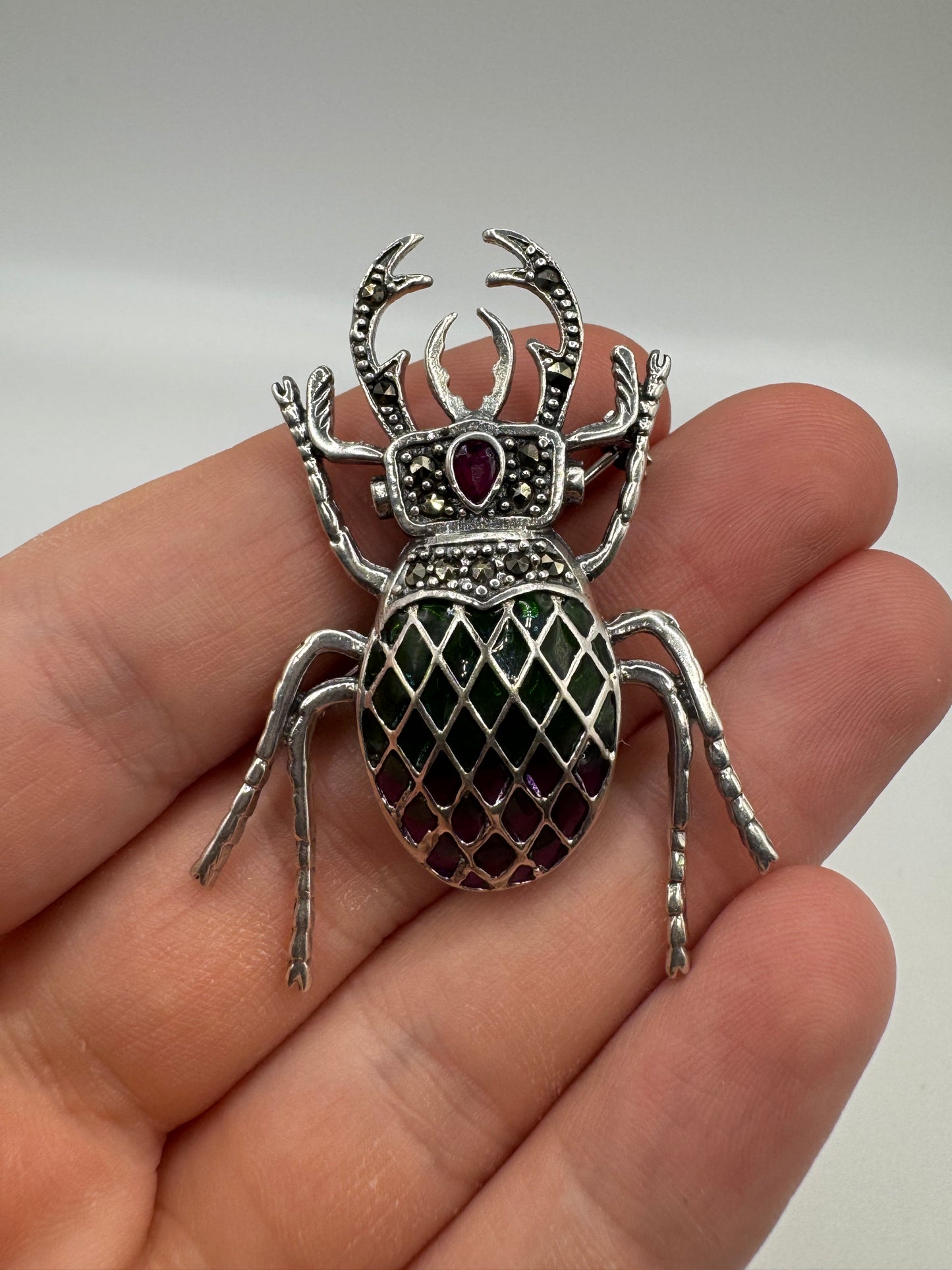 Silver marcasite and enamelled scarab beetle brooch