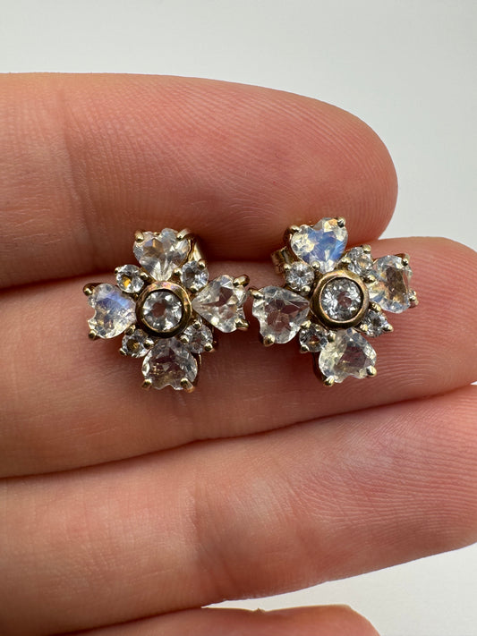 9ct gold rainbow moonstone cluster earrings
