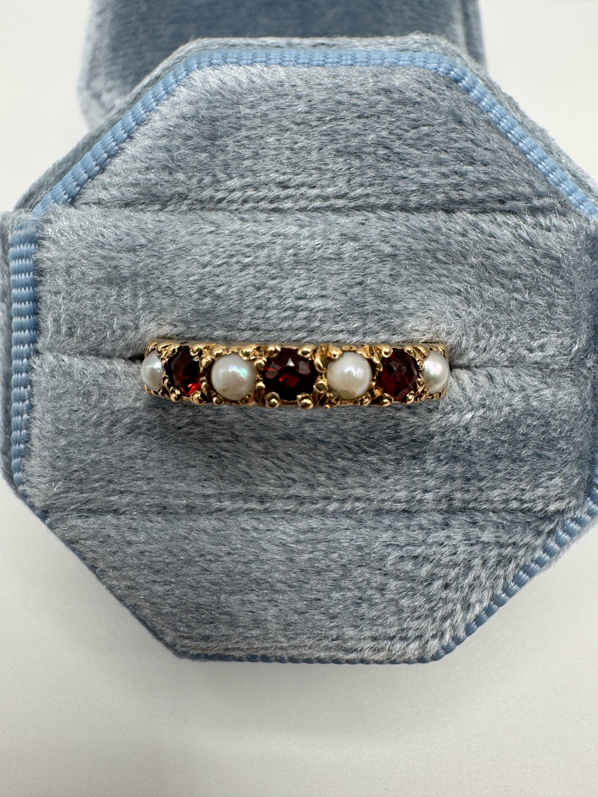 9ct gold garnet and pearl half eternity ring