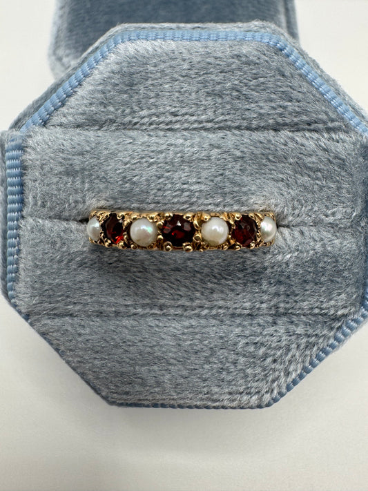 9ct gold garnet and pearl half eternity ring