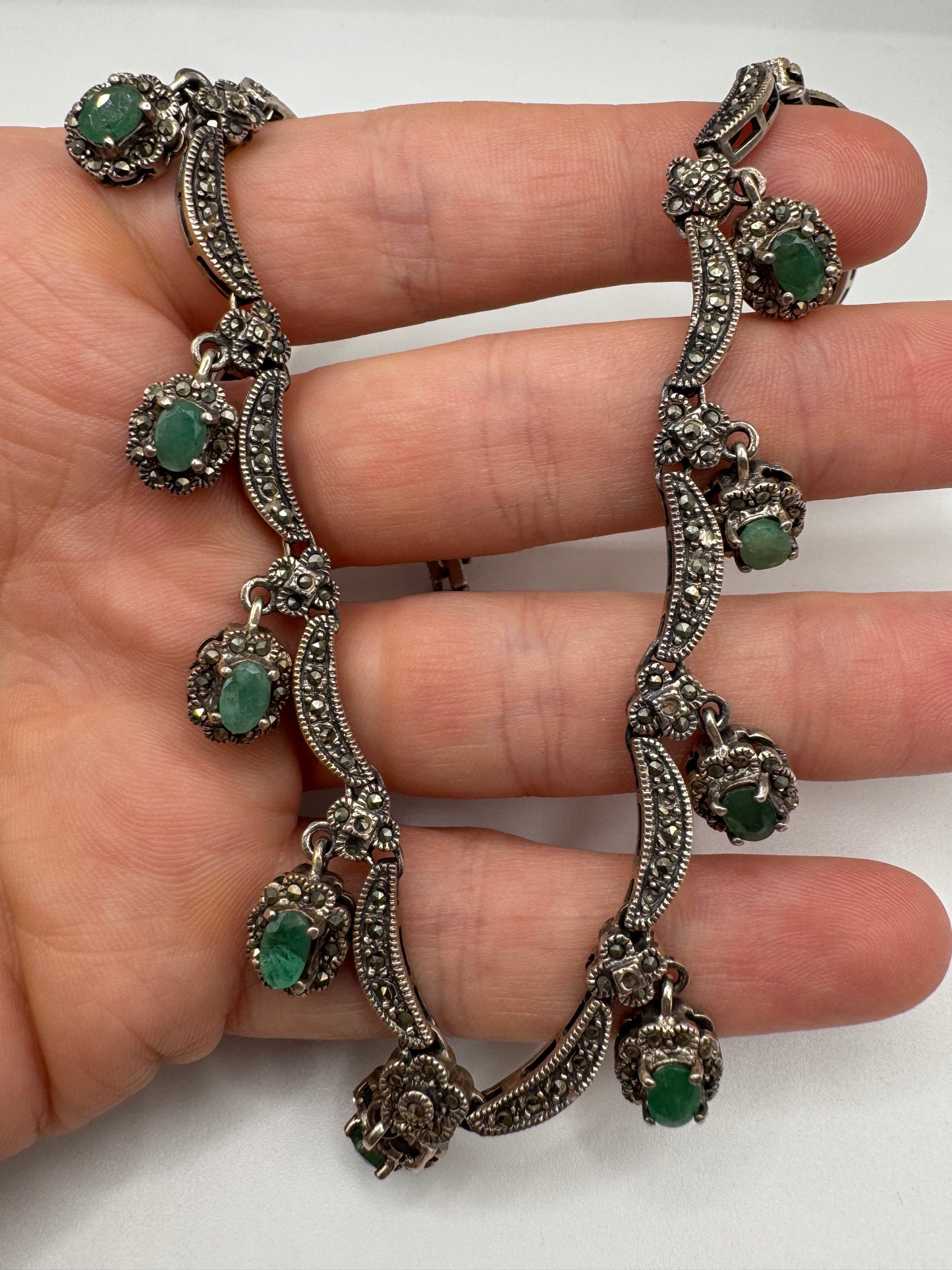 Heavy silver emerald and marcasite necklace