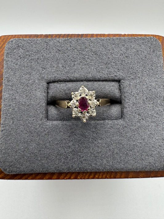 9ct gold ruby and diamond cluster ring