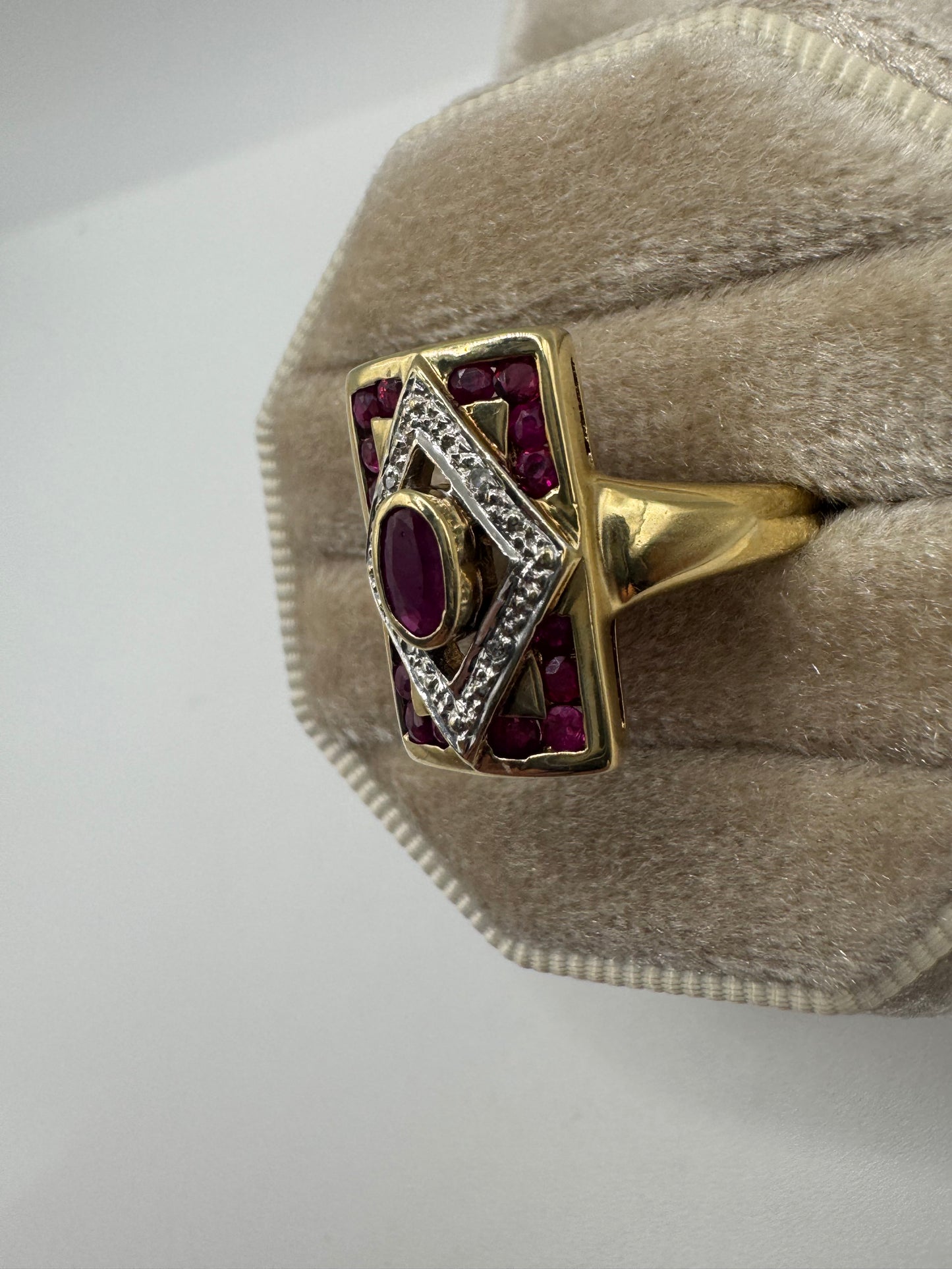 9ct gold art-deco style ruby and diamond ring